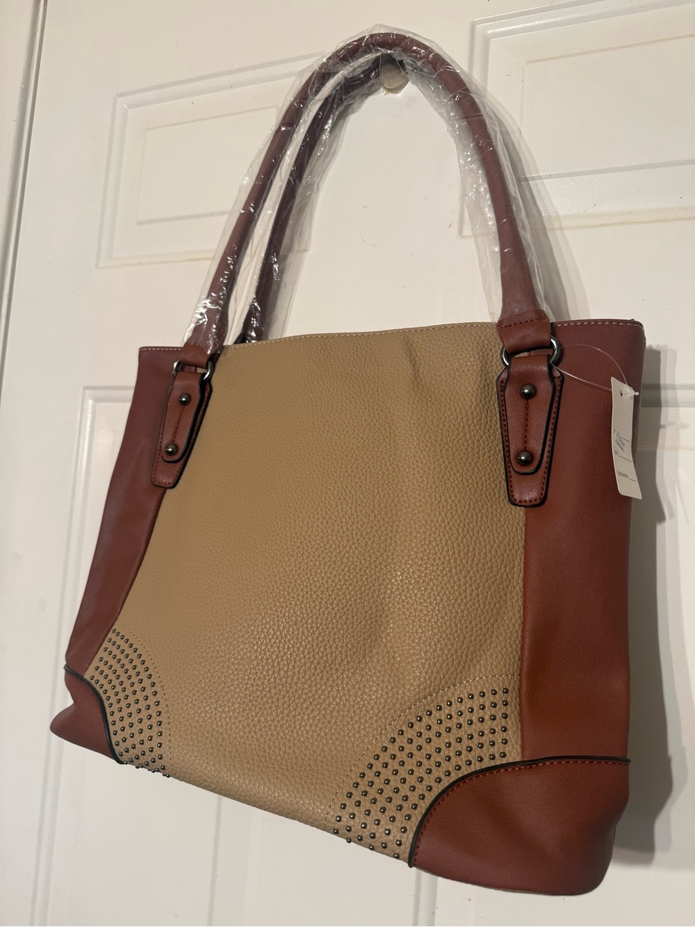 Structured Two-Tone Tote Bag in Tan and Brown